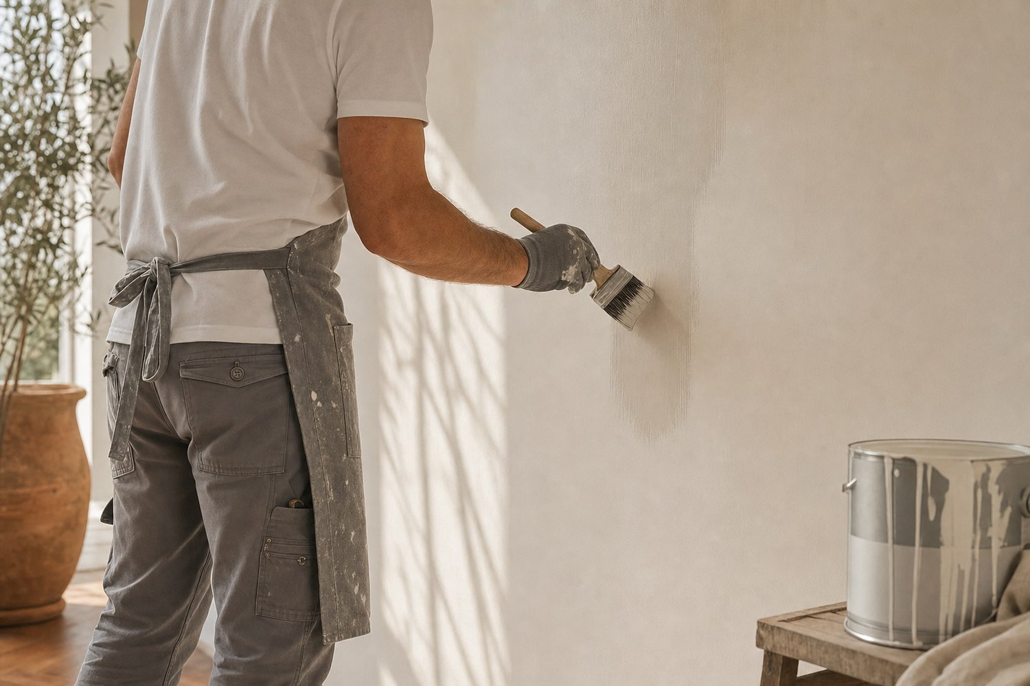 Maestro pintor aplicando una mano de pintura en interior de vivienda con materiales profesionales