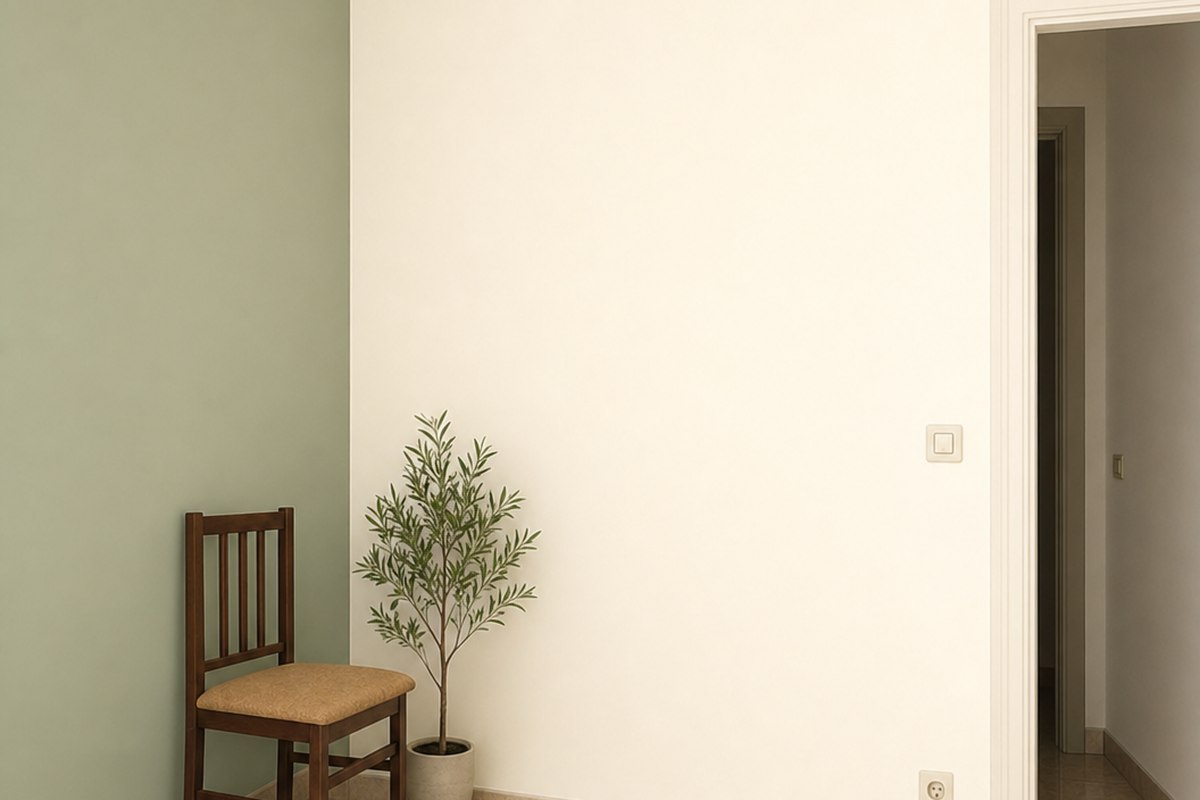 Salón después de pintar: paredes lisas en blanco hueso con pared de acento en verde salvia, acabado mate uniforme