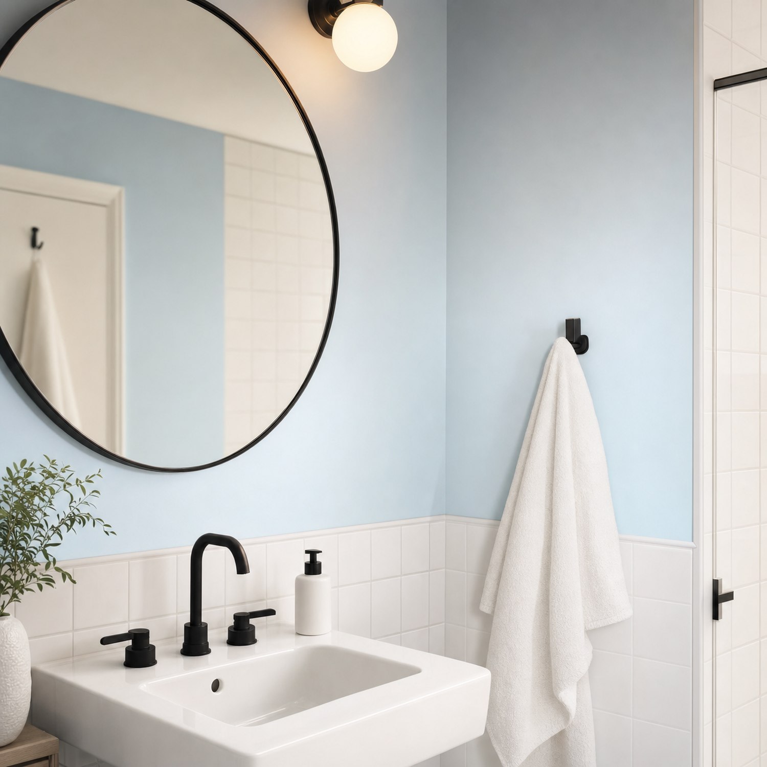 Cuarto de baño recién pintado con acabado anti-humedad en azul mediterráneo