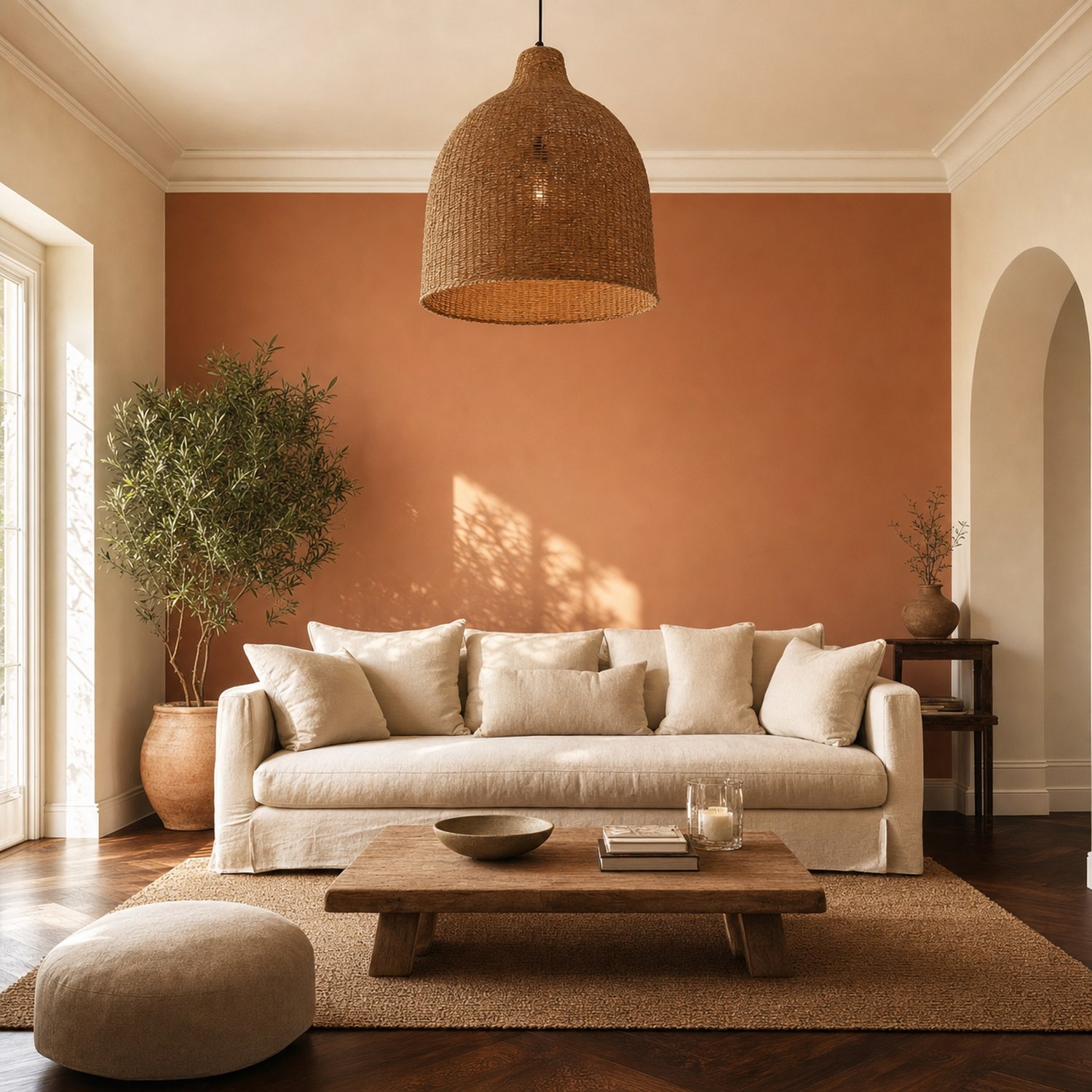 Salón principal con acabado de lujo en terracota suave y crema cálido