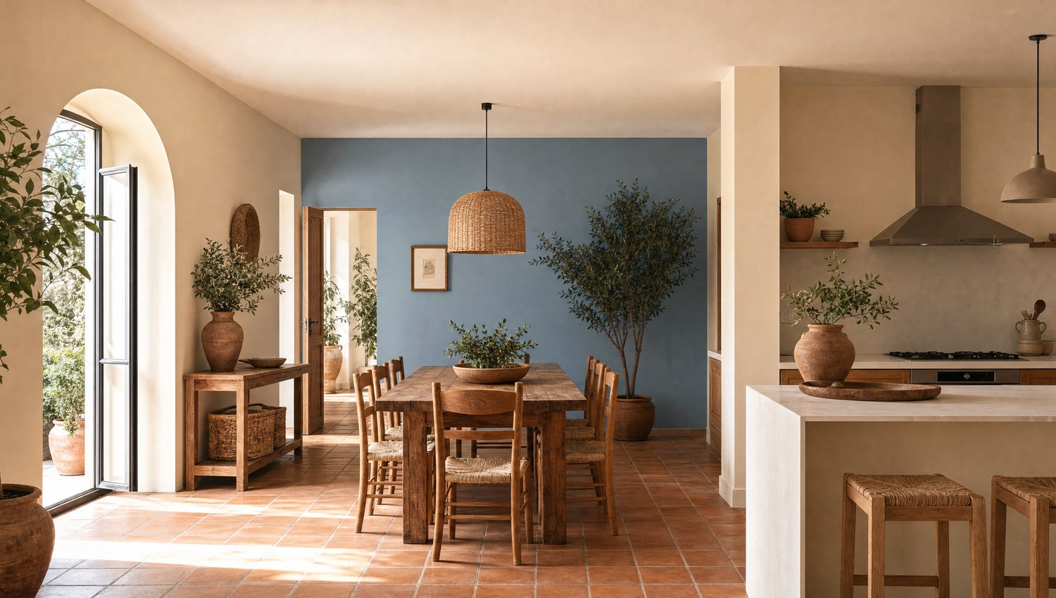 Cocina-comedor de casa andaluza en Morón de la Frontera con pared de acento azul Aitana