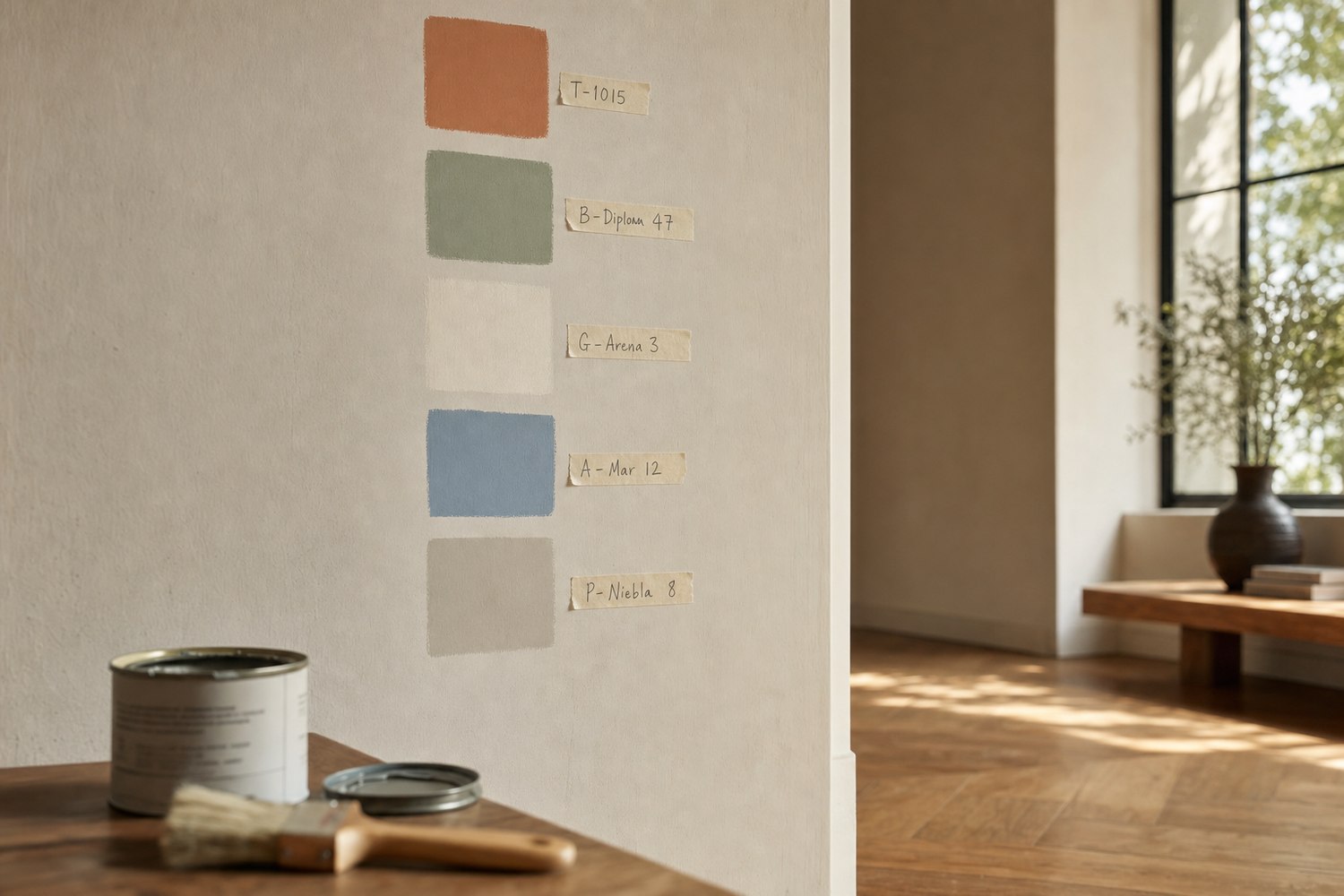 Cinco parches de color aplicados en una pared real: terracota, verde salvia, blanco hueso, azul Aitana y gris perla, cada uno con su etiqueta manuscrita